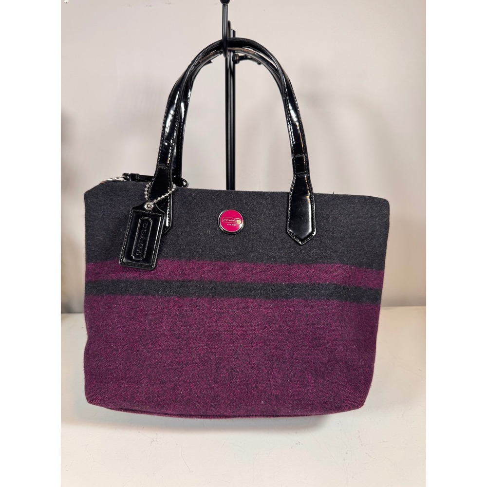 Coach Taylor Wool Tote Bag Black Plum Purple Patent Leather F24786